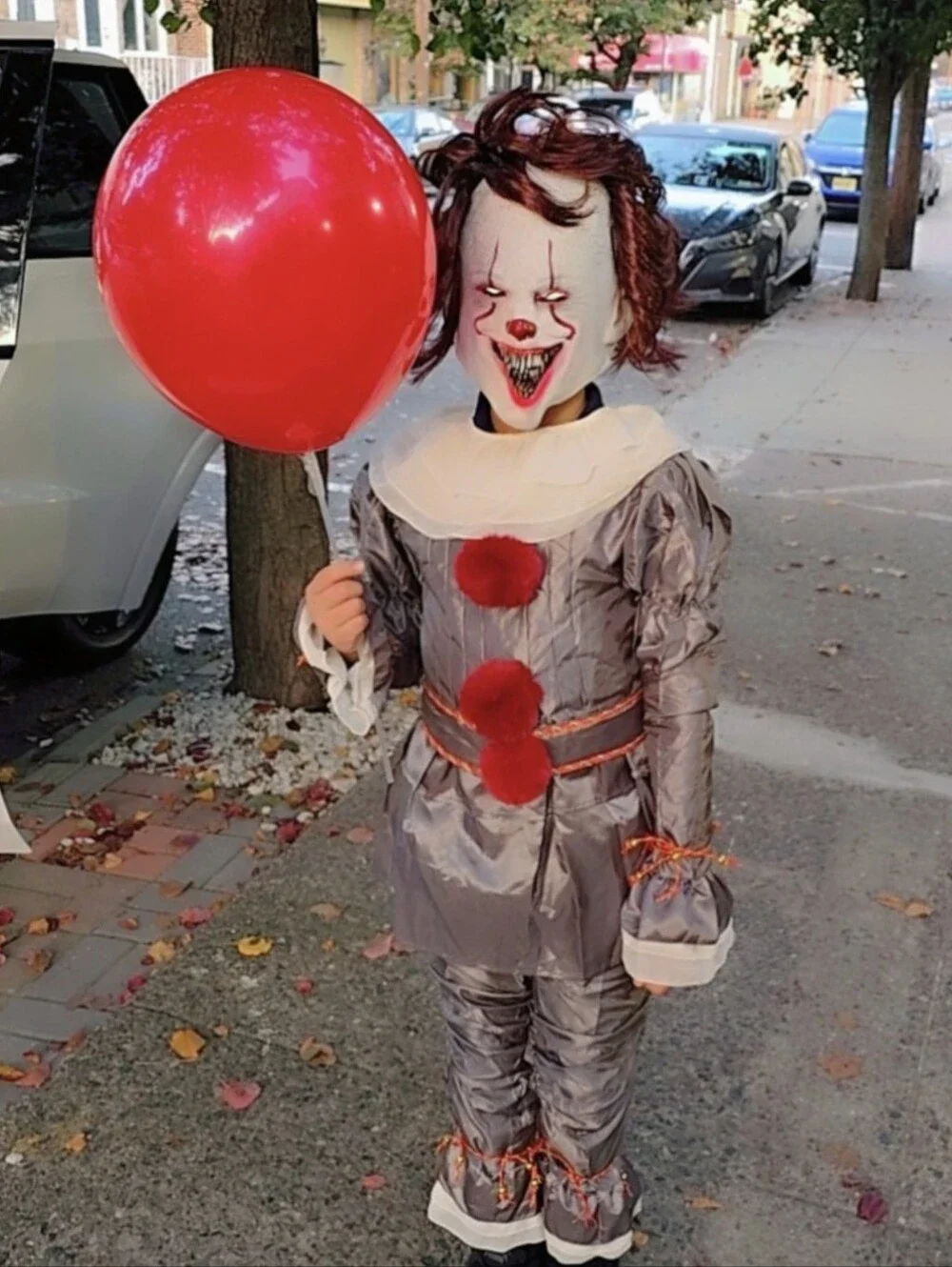 Child's Gray and Red Clown Costume with Balloon